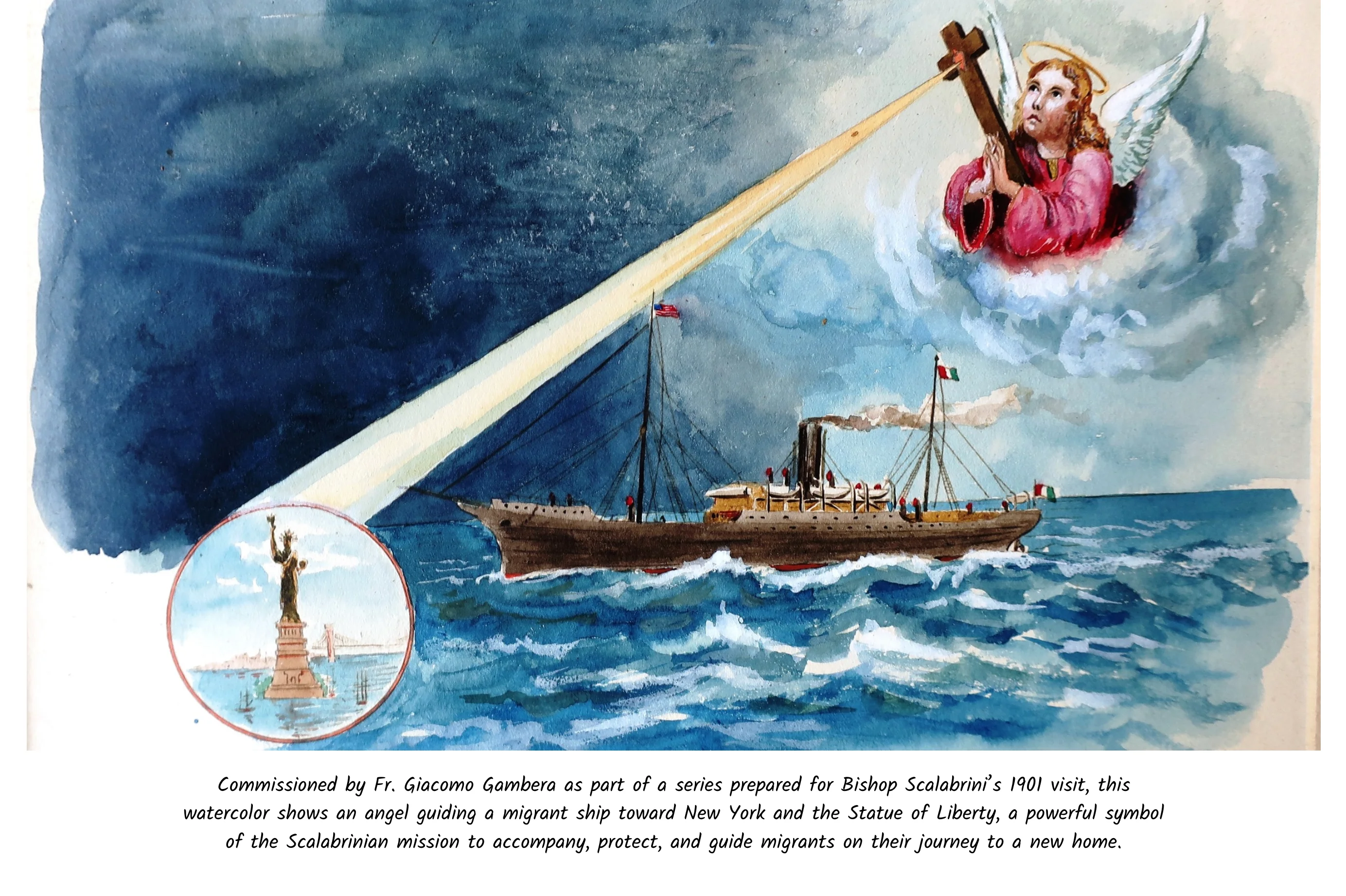 A 1901 watercolor of an angel holding the Cross and guiding a migrant steamship toward New York and the Statue of Liberty