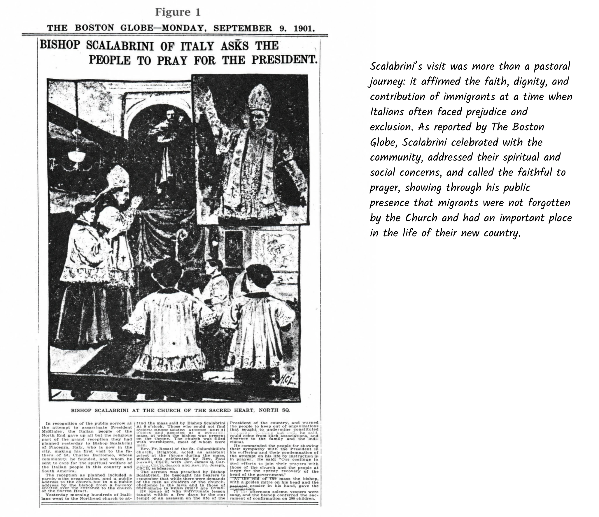 Boston Globe report from September 9, 1901, showing Bishop Scalabrini at Sacred Heart Church in Boston