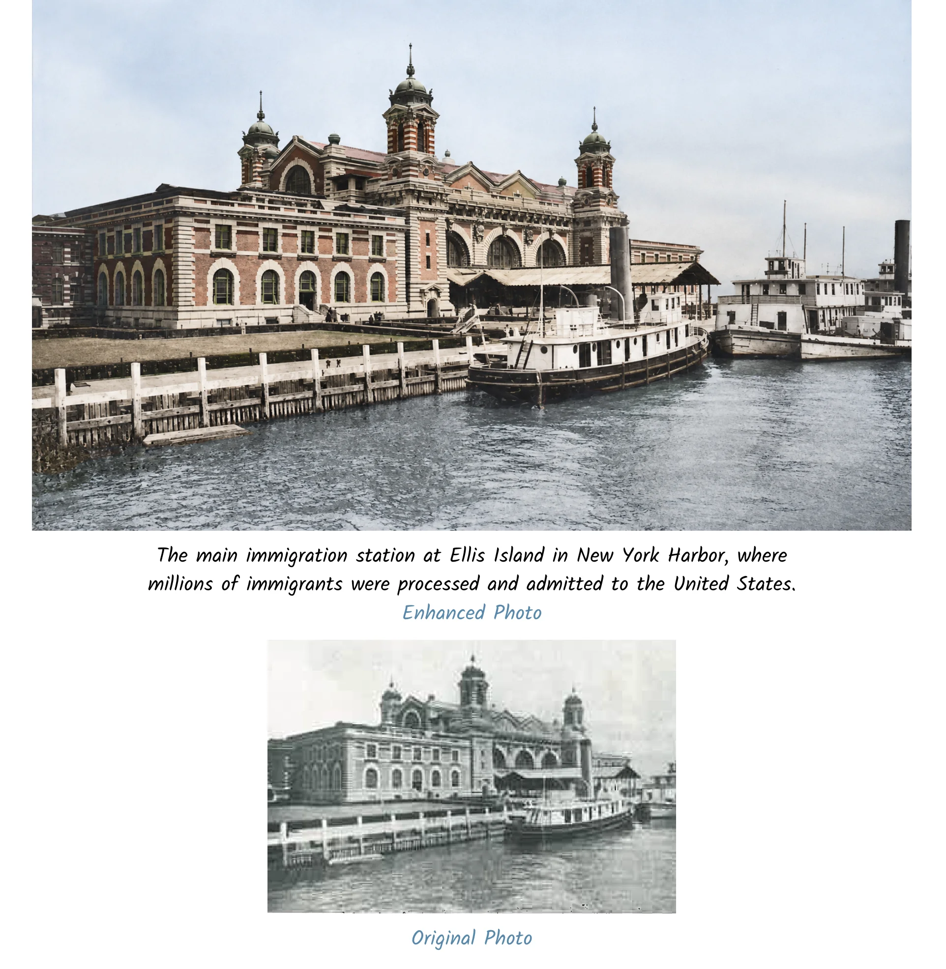 Enhanced and original archival views of the main immigration station at Ellis Island in New York Harbor