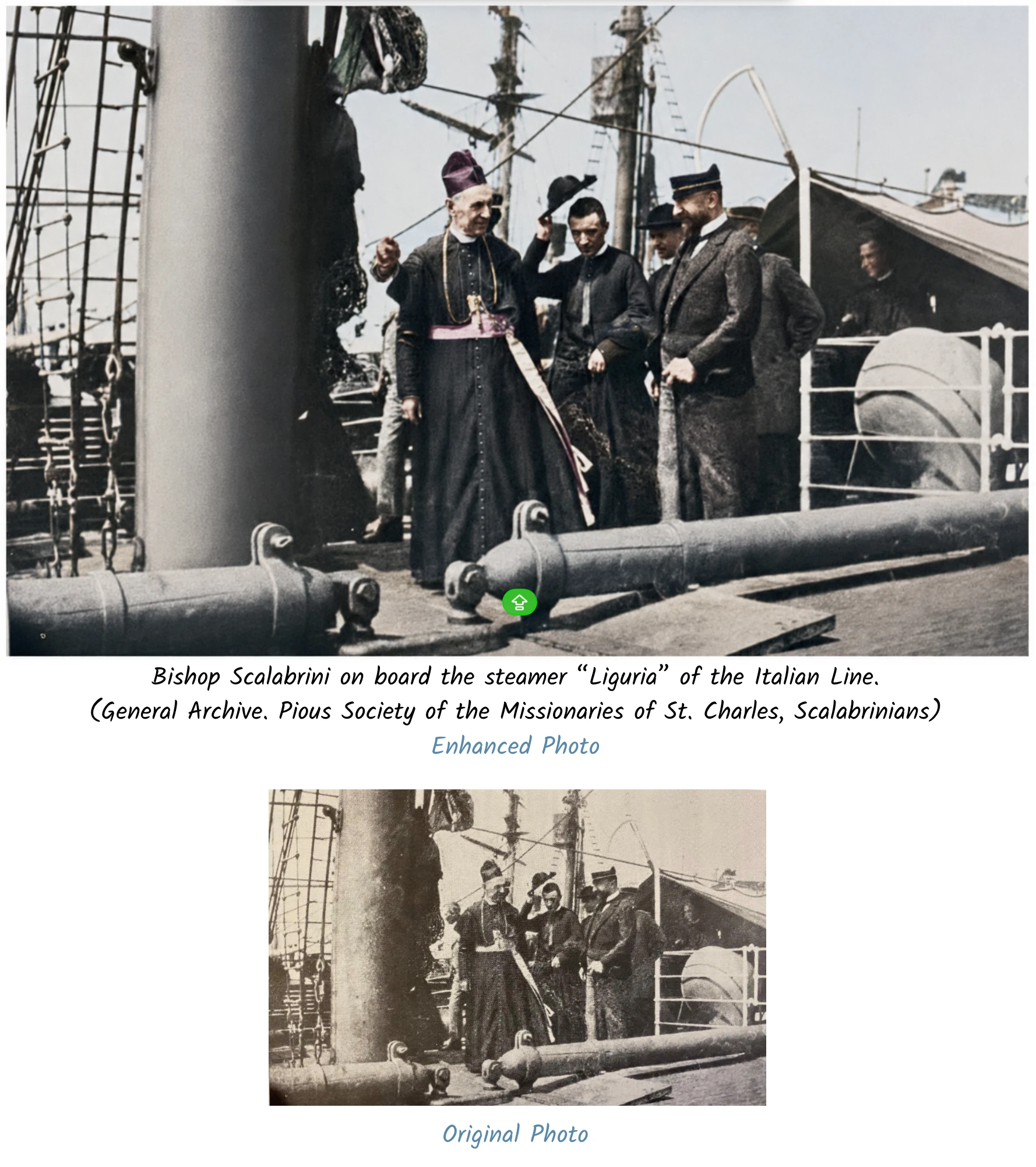 Enhanced and original archival photographs of Bishop Scalabrini aboard the steamship Liguria