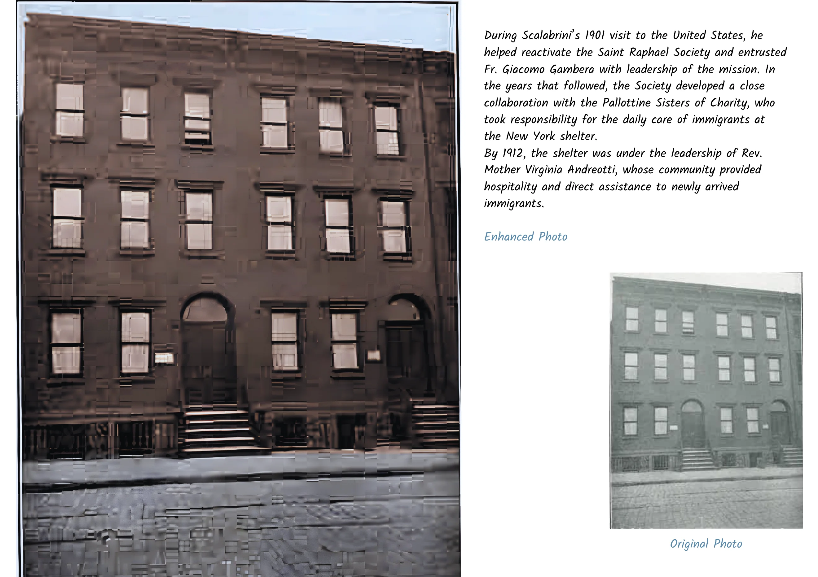 Enhanced and original archival views of Saint Raphael House, the New York shelter for newly arrived immigrants