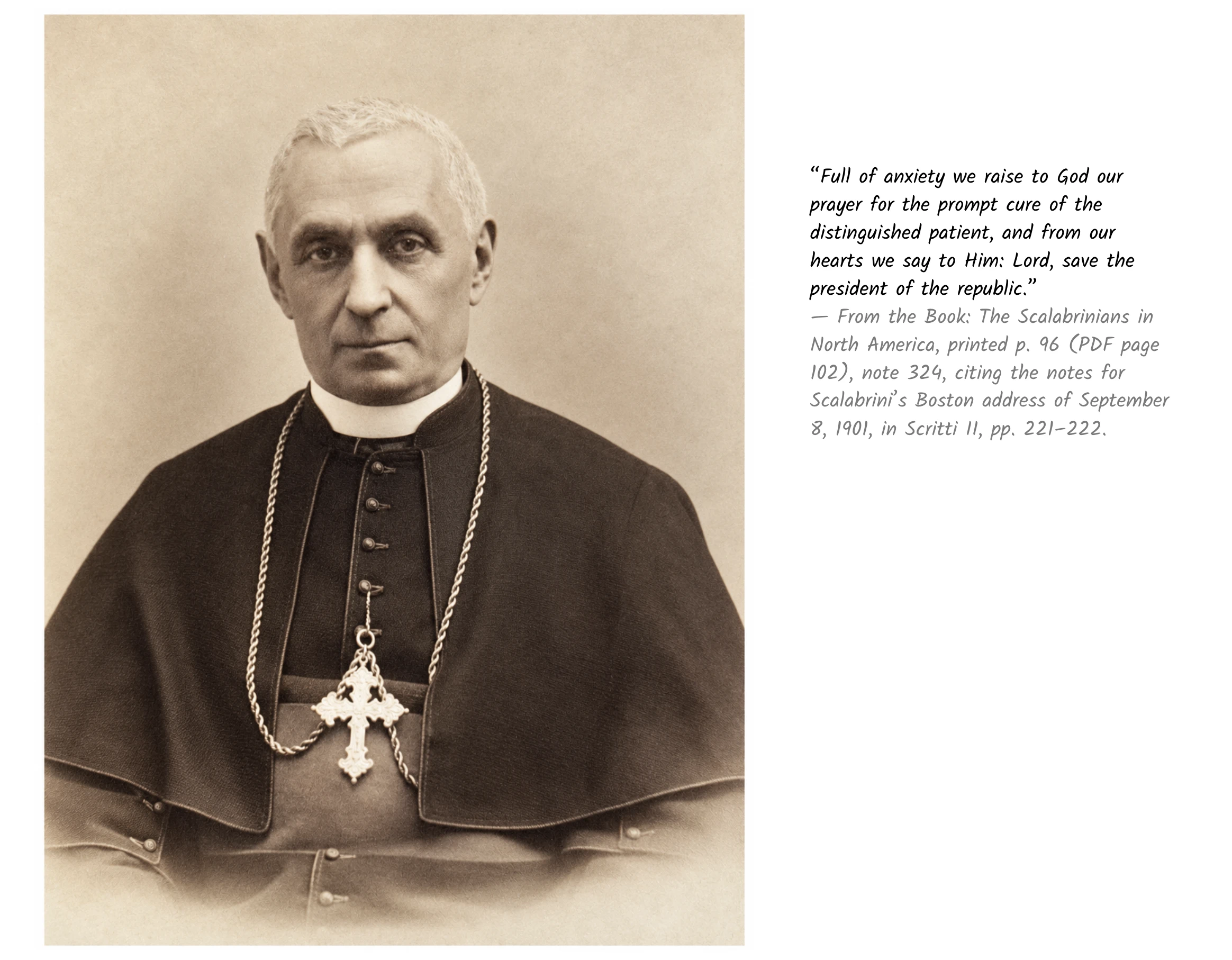 Portrait of Scalabrini beside his prayer for President McKinley, with the English quotation and its bibliographic reference